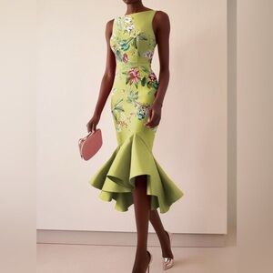 FEHAUTE Floral Mermaid Hem Dress Lime Green Size XL NWT